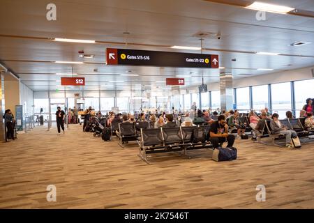 SeaTac, Washington, USA. 30. September 2022. Fluggäste, die am S-Gates von SeaTac auf ihre Flüge warten.die Luftfahrtindustrie hat nach den Pandemieausfällen der COVID-19 erhebliche Probleme mit sich gebracht, da die meisten Fluggesellschaften ihre Mitarbeiter nur entlassen haben, um die Flugreisen schnell wieder anzukurieren. Piloten, Flugbegleiter und allgemeiner Personalmangel haben im Jahr 2022 Zehntausende von Flugausfällen in den Vereinigten Staaten verursacht. (Bild: © Taidgh Barron/ZUMA Press Wire) Stockfoto