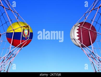 Zwei Fußballbälle in den Flaggen ecuador und Katar im Netz Stockfoto