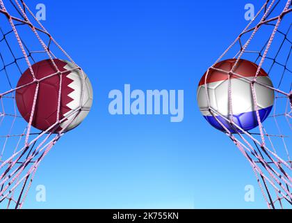 Zwei Fußballbälle in den Flaggen Qater und Hlland in einem Netz Stockfoto