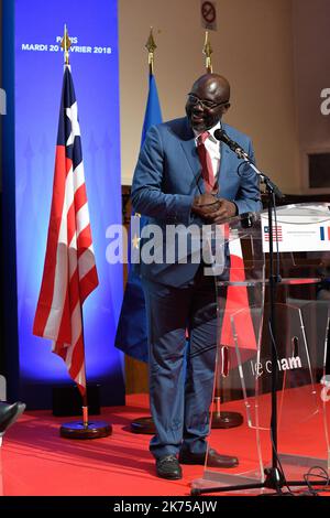 George Weah, ehemaliger Fußballspieler und neuer Präsident der republik Liberia am CNAM (ZENTRUM FÜR KUNST UND WERKE) in Paris Stockfoto