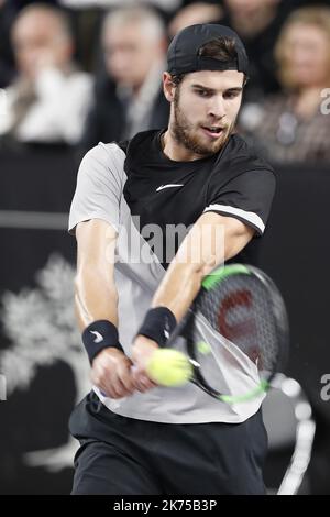 Karen KHACHANOV (RUS) -vainqueur du tournoi- lors de son match contre Lucas POUILLE (FRA) ATP Marseille Open 13 Provence Tennisturnier in Marseille, Südostfrankreich, am 25. Februar 2018 Stockfoto