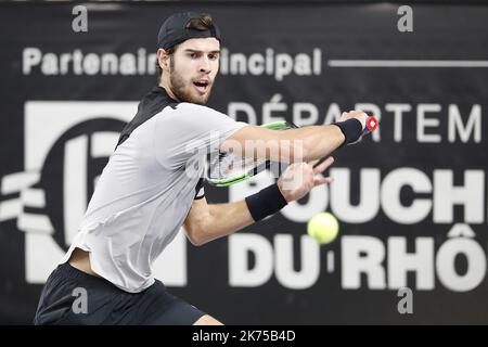 Karen KHACHANOV (RUS) -vainqueur du tournoi- lors de son match contre Lucas POUILLE (FRA) ATP Marseille Open 13 Provence Tennisturnier in Marseille, Südostfrankreich, am 25. Februar 2018 Stockfoto