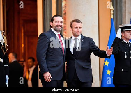 Anlässlich der Ankunft des Prinzen Mohamed Ben Salman im Elysee-Palast empfing der Präsident der Republik, Emmanuel Macron, in letzter Minute den Präsidenten des Ministerrats des Libanon, Saad Hariri. Stockfoto