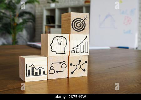 Holzwürfel mit Markierungen. Geschäftsstrategie im Rezessionskonzept. Stockfoto