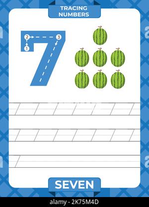 Nummer 7 Trace, Arbeitsblatt für Lernzahlen, Lernmaterial für Kinder, Seite mit Aktivitäten für Kinder. Stock Vektor