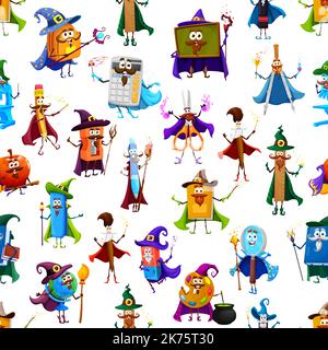 Cartoon Halloween Schule Figuren nahtlose Muster. Vektor-Hintergrund mit niedlichen Persönlichkeiten von Zauberer Buch, Zauberer Rucksack, Stift und Bleistift, Hexe Herrscher und Globus mit magischen Zauberstäbe, Hüte und Umhänge Stock Vektor