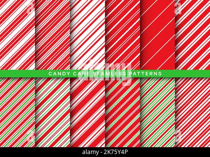 Candy-Stock-weihnachtsmuster. Nahtlos gestreifte Vektorhintergründe für weihnachtliche Geschenkpapiere oder Textilien. Rot, grün, weiß Weihnachten Urlaub mit Textur diagonalen Streifen. Set mit niedlichen Karamelldrucken Stock Vektor