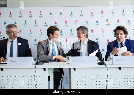 Pressekonferenz zur Organisation der Olympischen Spiele in Paris im Jahr 2024 anlässlich des Besuchs der Koordinierungskommission des IOC. In Anwesenheit von Etienne Thobois, Generaldirektor des Organisationskomitees der Olympischen Spiele in Paris 2024, Tony Estanguet, Präsident von Paris 2024, Pierre-Olivier Beckers-Vieujant, Präsident der Koordinierungskommission der Spiele, Christophe Dubi, Direktor des Sports des IOC, am 18. juni 2018 in Paris. Stockfoto