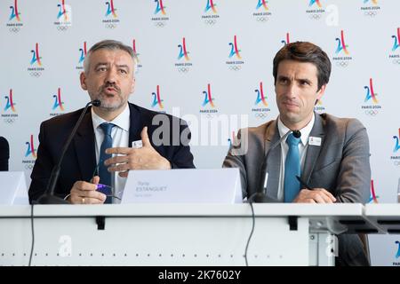 Pressekonferenz zur Organisation der Olympischen Spiele in Paris im Jahr 2024 anlässlich des Besuchs der Koordinierungskommission des IOC. In Anwesenheit von Etienne Thobois, Generaldirektor des Organisationskomitees der Olympischen Spiele in Paris 2024, Tony Estanguet, Präsident von Paris 2024, am 18. juni 2018 in Paris. Stockfoto