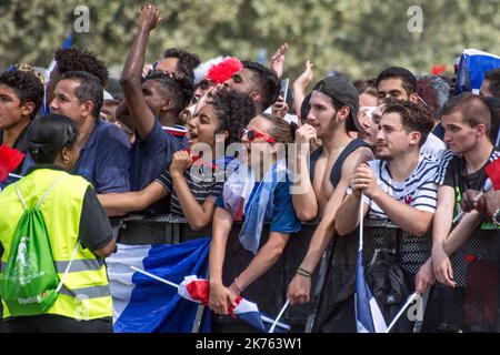 Des Fans français dans la Fan Zone du CHAMP de Mars lors de la finale de la Coupe du monde de Football 2018 .Französische Fans in der Fanzone des CHAMP de Mars beim Finale der FIFA-Weltmeisterschaft 2018 am 15 2018. Juli.NUR FRANKREICH Stockfoto