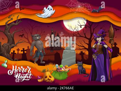 Halloween Papier geschnitten Cartoon-Figuren und Süßigkeiten. Vector 3D Papercut Party Poster mit Werwolf, Jack Laternen Kürbisse, Trank, Fledermäuse und gruseligen Geist auf gespenstischen gruseligen Schloss auf bei Nacht Friedhof Stock Vektor