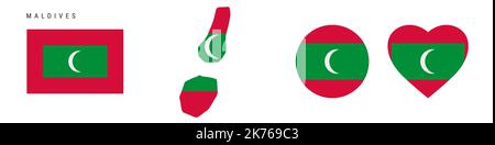 Symbol für die Malediven-Flagge gesetzt. Maledivischer Wimpel in offiziellen Farben und Proportionen. Rechteckig, kartenförmig, Kreis- und herzförmig. Vektorgrafik flach Stock Vektor