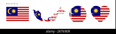 Symbol für Malaysia-Flagge gesetzt. Malaysischer Wimpel in offiziellen Farben und Proportionen. Rechteckig, kartenförmig, Kreis- und herzförmig. Vektorgrafik flach Stock Vektor