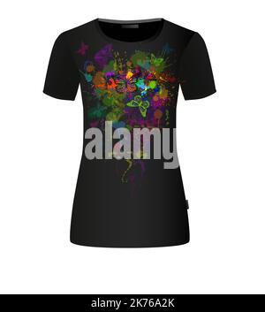 Abstrakte bunte Schmetterlinge mit Farbspritzern. Auf schwarzem Hintergrund. t-Shirt-Print. Vektorgrafik Stock Vektor