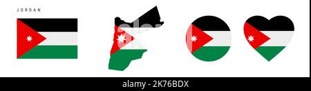 Symbol für die Jordan-Flagge gesetzt. Haschemitisches Königreich Jordanien Wimpel in offiziellen Farben und Proportionen. Rechteckig, kartenförmig, Kreis- und herzförmig. Flach V Stock Vektor