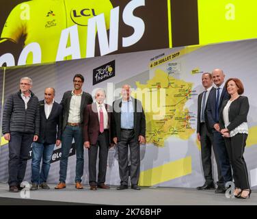 Tour de France 2019 Route enthüllt: Fünf Gipfel enden zur Feier des 100.-jährigen Jubiläums des Gelben Trikots okt 25 2018 Stockfoto