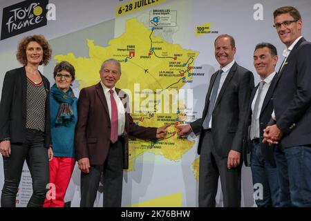 Tour de France 2019 Route enthüllt: Fünf Gipfel enden zur Feier des 100.-jährigen Jubiläums des Gelben Trikots okt 25 2018 Stockfoto
