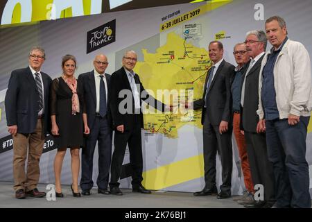 Tour de France 2019 Route enthüllt: Fünf Gipfel enden zur Feier des 100.-jährigen Jubiläums des Gelben Trikots okt 25 2018 Stockfoto