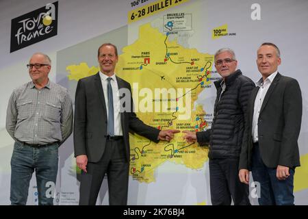 Tour de France 2019 Route enthüllt: Fünf Gipfel enden zur Feier des 100.-jährigen Jubiläums des Gelben Trikots okt 25 2018 Stockfoto