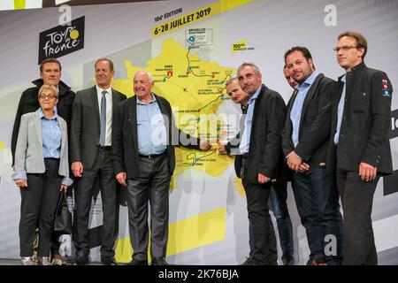 Tour de France 2019 Route enthüllt: Fünf Gipfel enden zur Feier des 100.-jährigen Jubiläums des Gelben Trikots okt 25 2018 Stockfoto