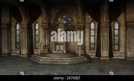 Fantasy mittelalterlicher Thronsaal mit gotischen Bögen und Fenstern. 3D Rendern. Stockfoto