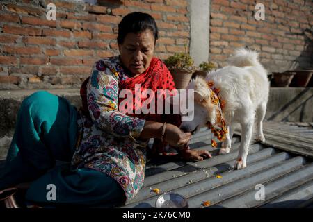 Eine nepalesische Frau verehrt einen Hund, der Girlande und Zinkpulver anwendet, und bietet während des KUKUR TIHAR- oder Hundegottestages in Kathmandu, Nepal, am 6. Oktober 2018, Nahrung an. Hunde werden verehrt, um ihre Rolle bei der Bereitstellung von Sicherheit und als Mensch bester Freund anzuerkennen, am zweiten Tag der wichtigsten hinduistischen Feste Tihar, die auch der Anbetung der Göttin des Reichtums Laxmi gewidmet ist. (Foto - Sunil Pradhan) Stockfoto