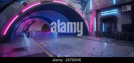 Tunnel unter Gebäuden in einer futuristischen Cyberpunk-Konzept Innenstadt Straße in der Nacht mit Neonlicht. 3D Rendern. Stockfoto