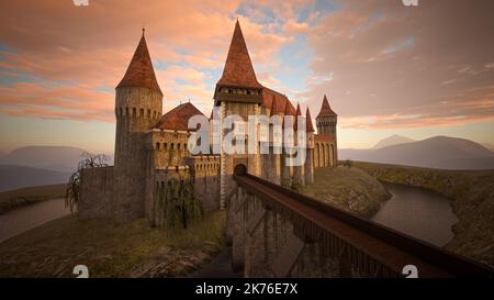 Mittelalterliche Burg in abgelegener Landschaft mit Brücke über einen Graben. 3D Abbildung. Stockfoto