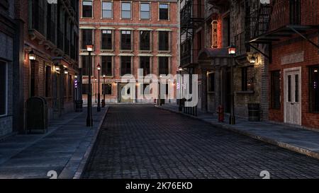 Dunkle launische Straße im Noir-Stil im Retro-Stil. 3D Abbildung. Stockfoto