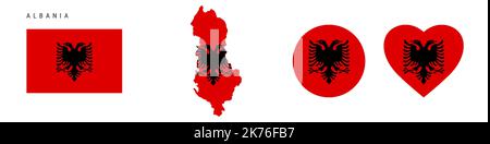 Symbol für die Flagge Albaniens gesetzt. Albanische Wimpel in offiziellen Farben und Proportionen. Rechteckig, kartenförmig, Kreis- und herzförmig. Flache Vektorgrafik Stock Vektor