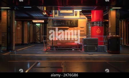 Dunkel launisch futuristisch Science Fiction Raumschiff Innenraum. 3D Abbildung. Stockfoto