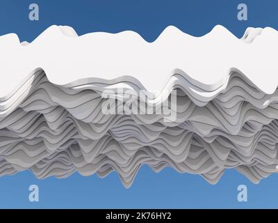 Abstrakter digitaler grafischer Hintergrund, wellige weiße Wolkenstruktur-Installation unter blauem Himmel. 3D Rendering-Illustration Stockfoto