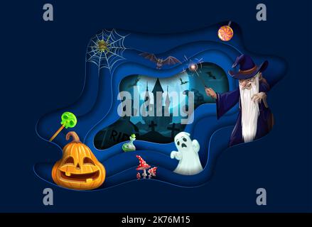 Halloween Papier geschnitten Cartoon Zauberer und Kürbis Laterne. Vektor-Hintergrund mit 3D Effekt wellig papercut Rahmen für Party. Zauberer, Nachtfriedhof, Geisterhaus, Trinkflasche und Süßigkeiten Stock Vektor