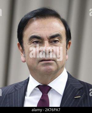 Ehemaliger Nissan Motor Co Der Vorsitzende Carlos Ghosn, der auf diesem Foto zu sehen ist, soll am 8. Januar 2019, seinem ersten öffentlichen Auftritt seit seiner Verhaftung im November 2018 wegen angeblichen finanziellen Fehlverhaltens, vor dem Bezirksgericht Tokio erscheinen. Stockfoto