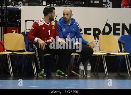 Cyril Dumoulin und Vincent Gérard (Französisch) während der IHF Männer-Weltmeisterschaft 2019, Gruppe-A-Handballspiel zwischen Frankreich und der Republik Korea Stockfoto