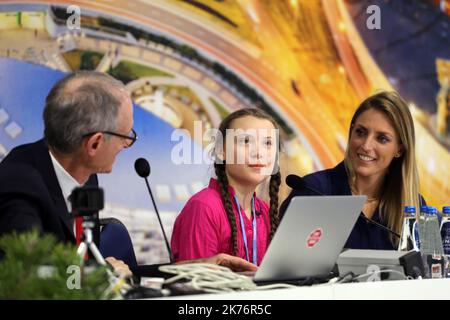 Die Pressekonferenz mit Greta Thunberg, 15 Jahre alter schwedischer Aktivistin, fand am 3. Dezember im Rahmen der UN-Klimakonferenz in Katowice statt Stockfoto