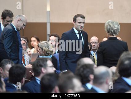 Der französische Präsident Emmanuel Macron kommt am 5. März 2019 zur Abschlusssitzung des Intelligence College in Europa im Außenministerium in Paris. Stockfoto