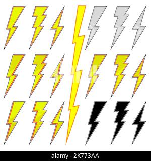 Satz von verschiedenen Blitzbolzensymbolen, isoliert auf weißem Hintergrund. Stock Vektor