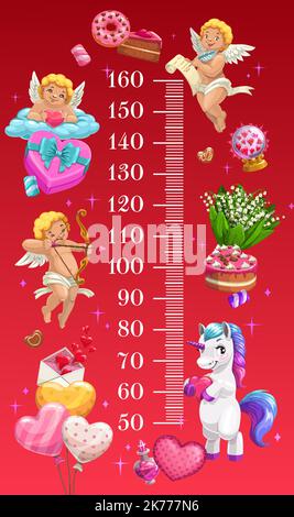 Kinder-Höhendiagramm mit Cupids, Einhorn und Süßigkeiten. Wachstumsmesser-Vektor-Aufkleber mit Stadiometer-Linealskala auf rotem Hintergrund im Rahmen von Liebesengeln, Herzen, Blumen und Luftballons, Süßigkeiten und Kuchen Stock Vektor