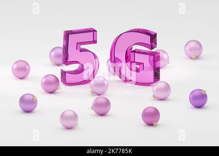 Inschrift Glas 5G auf grauem Podium, weiches Licht, Vorderansicht glatter Hintergrund, 3D Rendering Stockfoto