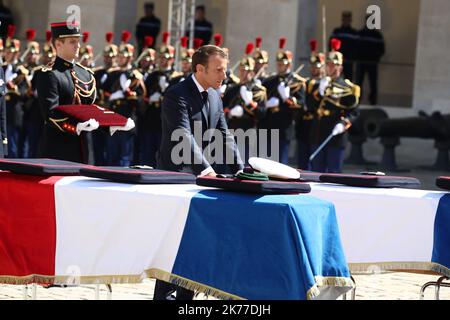 ©PHOTOPQR/LE PARISIEN/Arnaud Journois ; Cérémonie d’Hommage national aux Invalides à Cédric de Pierrepont et Alain Bertoncello, présidée par Emmanuel Macron PARIS 14/05/2019 nationale Zeremonie für die zwei Französisch marine Soldaten , Cedric de Pierrepont und Alain Bertoncello , Getötet während einer Geiselrettungsaktion einer Terrorgruppe in Burkina Faso im National Invalides Hotel in Paris, Frankreich, 14. Mai 2019. Stockfoto