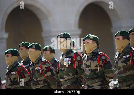 ©PHOTOPQR/LE PARISIEN/Arnaud Journois ; Cérémonie d’Hommage national aux Invalides à Cédric de Pierrepont et Alain Bertoncello, présidée par -EmmanuelMacron PARIS 14/05/2019 nationale Zeremonie für die beiden französischen Marine-Soldaten , Cedric de Pierrepont und Alain Bertoncello , Getötet während einer Geiselrettungsaktion einer Terrorgruppe in Burkina Faso im National Invalides Hotel in Paris, Frankreich, 14. Mai 2019. Stockfoto