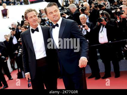 DER US-Schauspieler Brad Pitt, der US-Schauspieler Leonardo DiCaprio bei der Premiere von Once Upon a Time in Hollywood, die während der Filmfestspiele von Cannes 72. in Cannes, Frankreich, stattfand. Stockfoto
