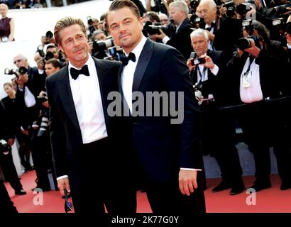DER US-Schauspieler Brad Pitt, der US-Schauspieler Leonardo DiCaprio bei der Premiere von Once Upon a Time in Hollywood, die während der Filmfestspiele von Cannes 72. in Cannes, Frankreich, stattfand. Stockfoto