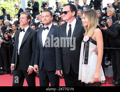 Die australische Schauspielerin Margot Robbie, der US-Regisseur Quentin Tarantino, der US-Schauspieler Leonardo DiCaprio und der US-Schauspieler Brad Pitt nahmen an der Once Upon a Time in Hollywood Premiere Teil, die während der Filmfestspiele von Cannes 72. in Cannes, Frankreich, stattfand. Stockfoto