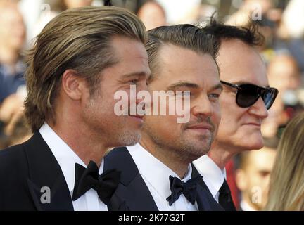 DER US-Schauspieler Brad Pitt, der US-Schauspieler Leonardo DiCaprio, der US-Regisseur Quentin Tarantino bei der Once Upon a Time in Hollywood Premiere, die während der Filmfestspiele von Cannes 72. in Cannes, Frankreich, stattfand. Stockfoto
