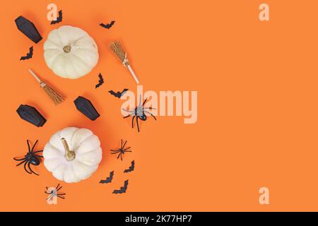 Halloween Arrangement mit weißen Kürbissen, schwarzen Spinnen, Fledermäusen und Särgen und Hexenbesen auf orangefarbenem Hintergrund mit Kopierfläche Stockfoto