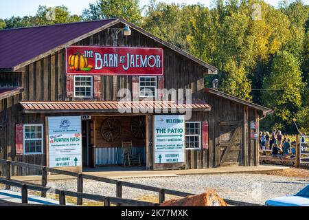 Kinder erwarten die Erntedankfest-Aktivitäten vor der Scheune auf den Jaemor Farms in Alto, Georgia. (USA) Stockfoto