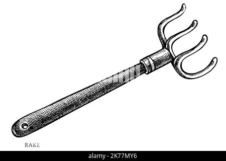 Gartenarbeit vintage Vektor Illustrationen Sammlung. Schwarz-weißer Rechen. Stock Vektor