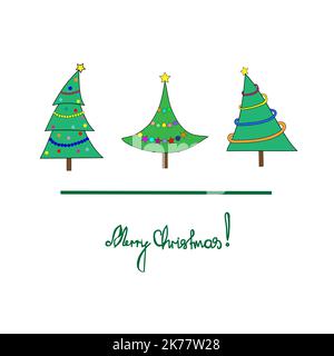 Postkarte von drei Weihnachtsbäumen mit Girlanden. Weihnachtsfest. Vektorgrafik. Stock Vektor